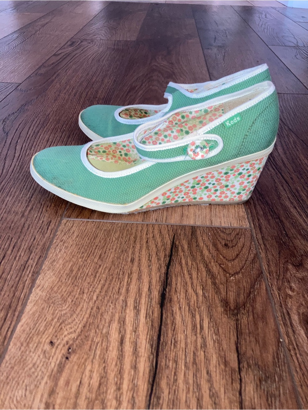 Keds Mint Green Floral Wedge shoe 70s style size 9.5 - Picture 4 of 7